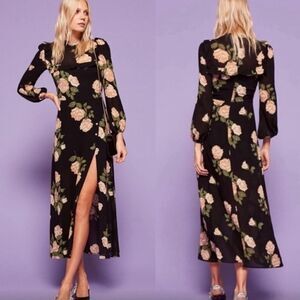 Reformation Gillian Venus Midi  Black Dress Floral Long Sleeve Size 2